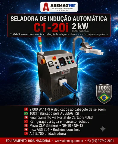 Seladora de Tampas por Indução de alto desempenho ABEMAG TSI C1-20i com 2kW de potência