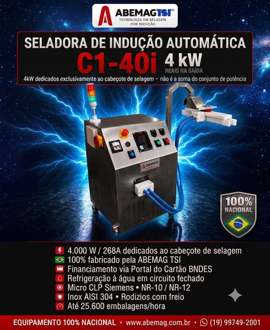 Seladora de Tampas por Indução de alto desempenho ABEMAG TSI C1-40i com 4kW de potência