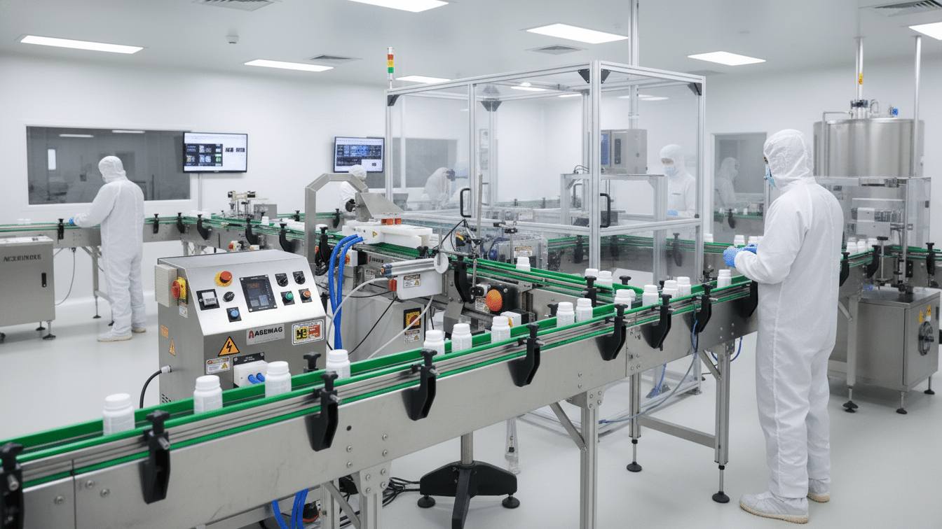 Linha de produção farmacêutica com codificação de lote e validade