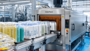 Túnel de Encolhimento em Linha de Produção Industrial Túnel de encolhimento shrink em operação em linha de produção industrial, com frascos sendo embalados em filme termoencolhível