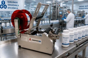 Rotuladora semi automática industrial | frascos cilíndricos e caixas | abemag tsi