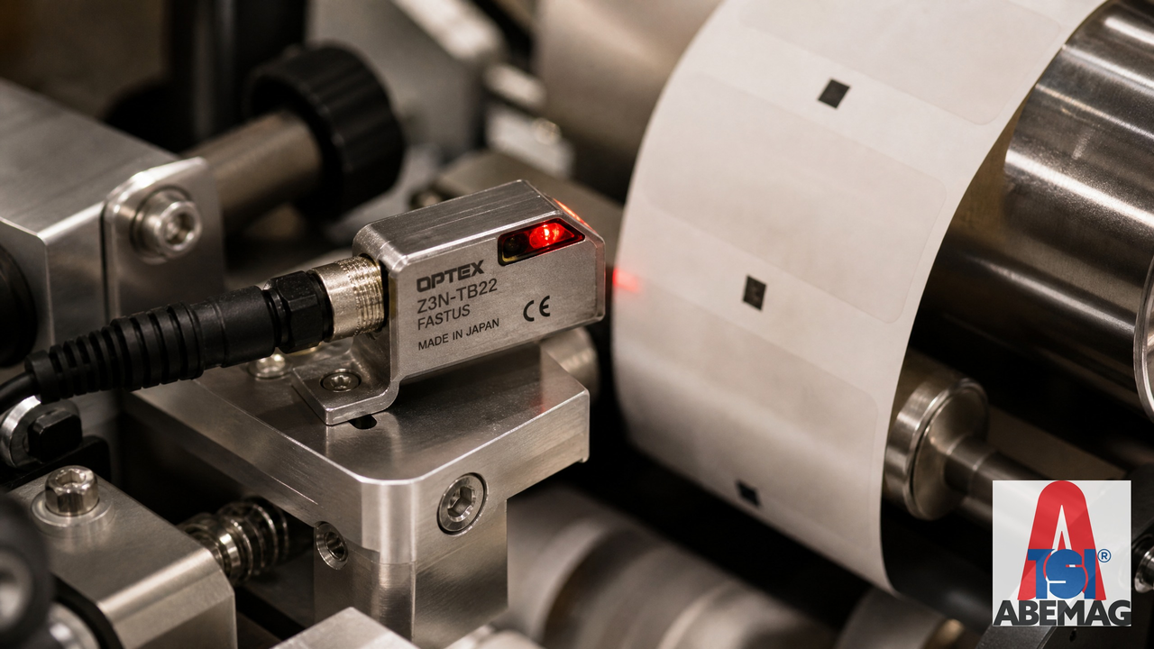 Sensor óptico fotoelétrico montado em rotuladora industrial detectando marca de corte na bobina de rótulos