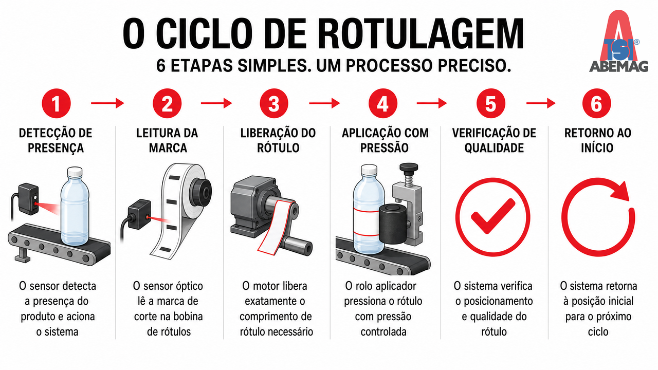 Infográfico do ciclo de rotulagem em 6 etapas: detecção, leitura, liberação, aplicação, verificação e retorno