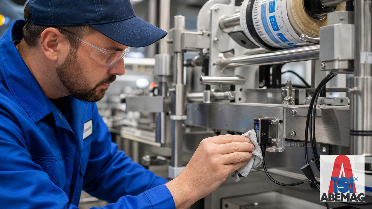 Técnico industrial limpando sensor óptico em rotuladora com pano seco durante manutenção preventiva