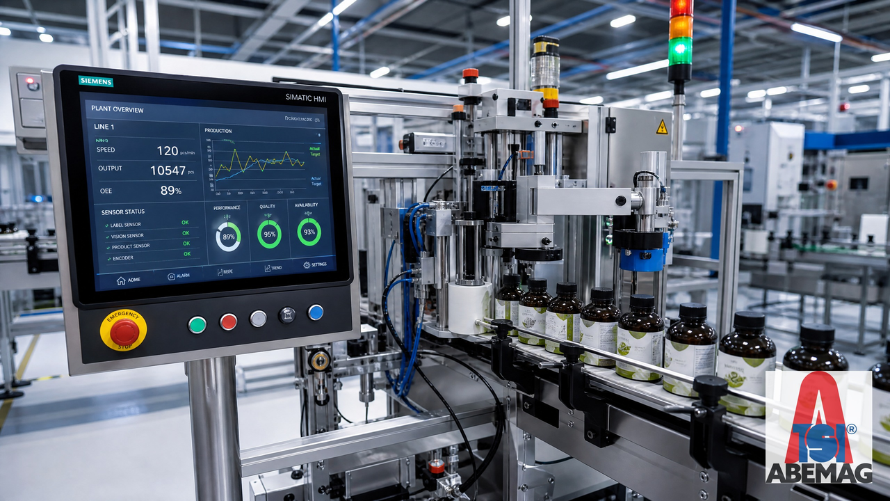 Rotuladora industrial com painel HMI touchscreen mostrando dados de sensores e estatísticas de produção em tempo real