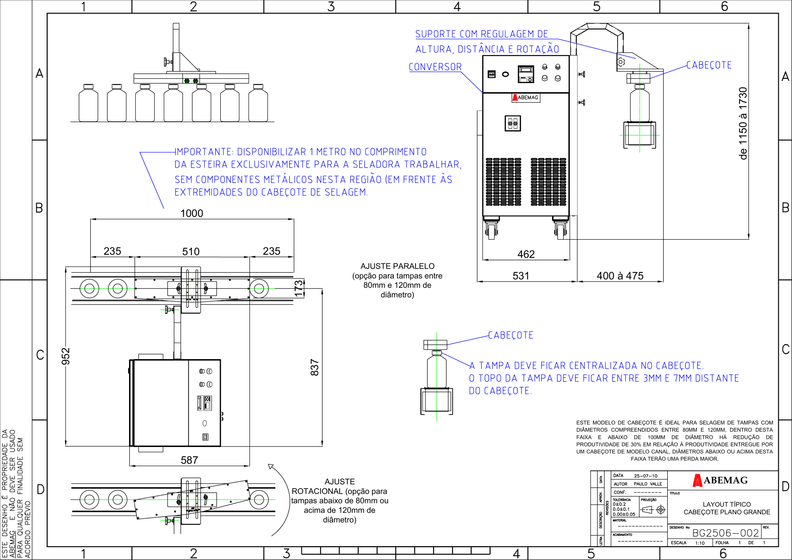 Layout técnico do cabeçote de selagem plano grande ABEMAG TSI — BG2506-002 — posicionamento sobre esteira transportadora