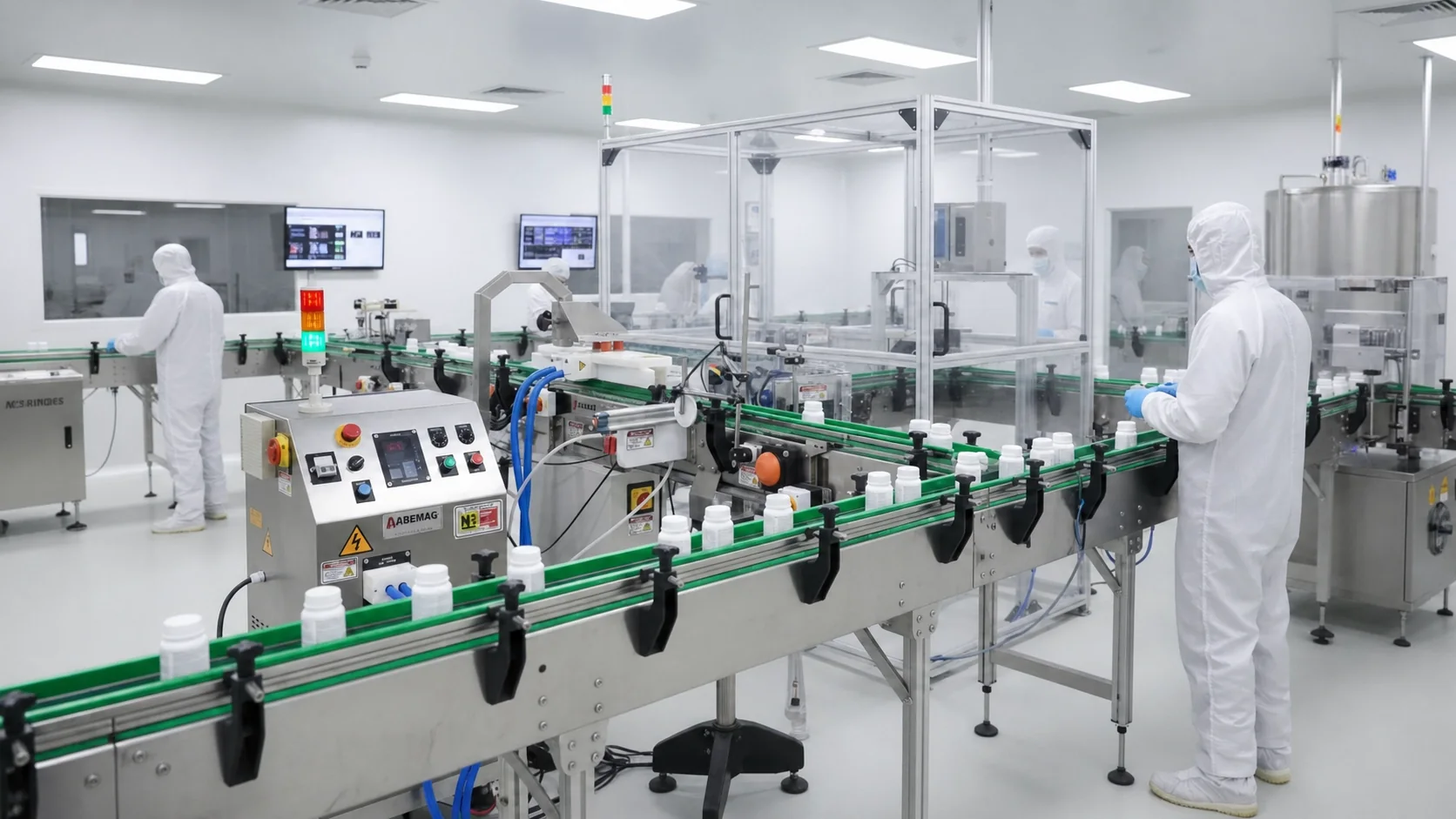 Linha de envase com seladora de indução abemag e esteiras transportadoras em sala limpa