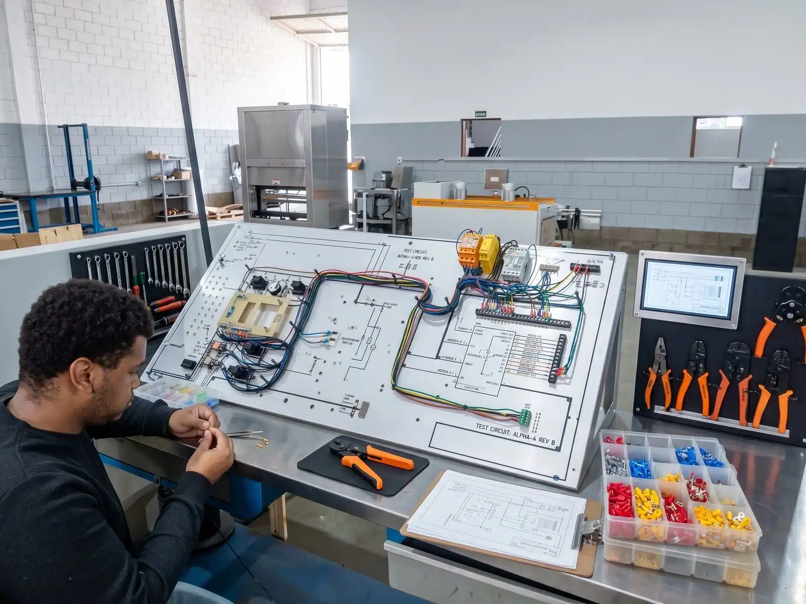 Técnico da ABEMAG TSI montando o circuito elétrico de uma máquina na bancada de projeto e engenharia