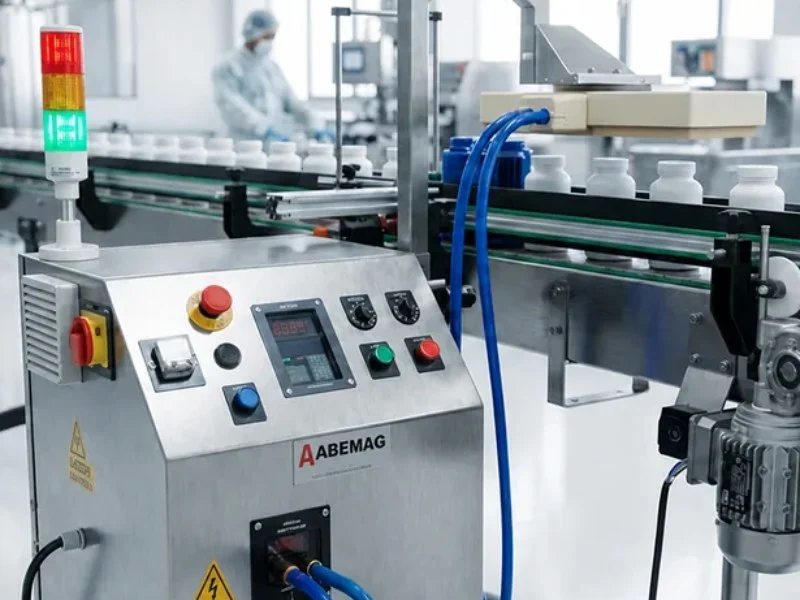Seladora de indução automática ABEMAG TSI em linha de envase de frascos