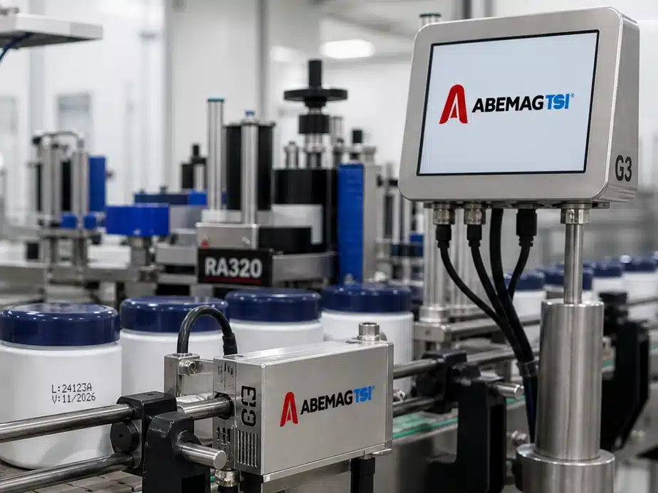 Datador inkjet TIJ ABEMAG TSI imprimindo lote e validade em potes na linha de produção, com a rotuladora RA320 ao fundo