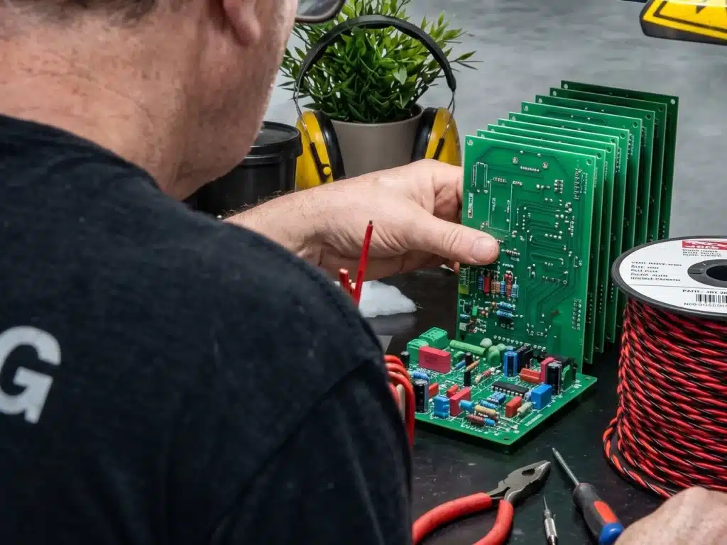 Técnico abemag tsi trabalhando em placa eletrônica na bancada de manutenção